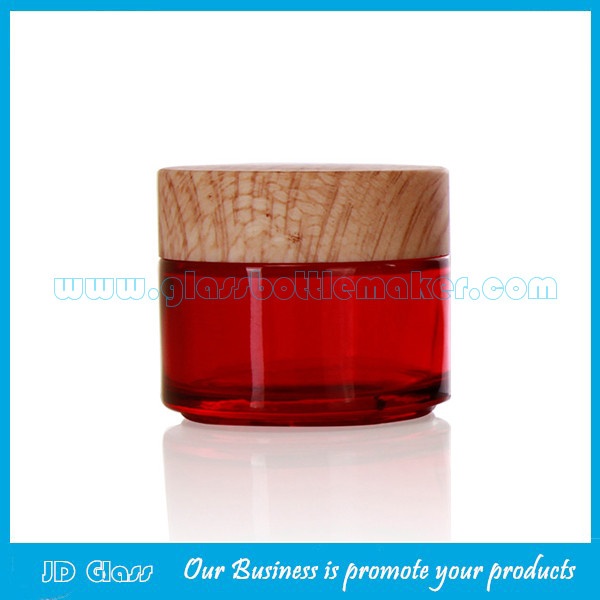 100g Red Round Glass Cosmetic Jar With Wood Lid