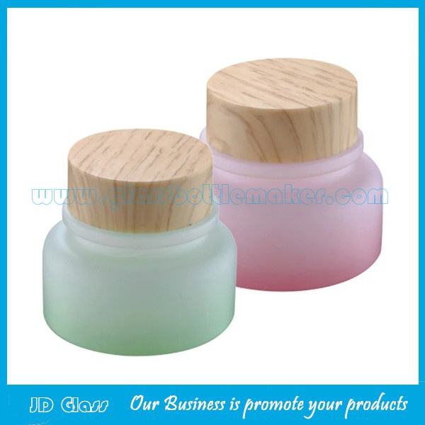 50g Pink And Green New Item Glass Cosmetic Jars With Wood Lid