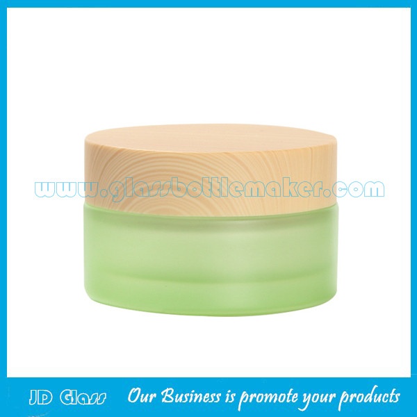 30g Green Painting Round Glass Cosmetic Jar With Wood Lid