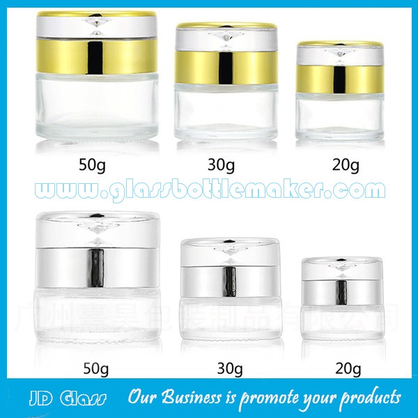 20g,30g,50g Clear Round Glass Cosmetic Jars With Double Lids