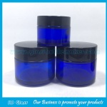 50g,100g Blue Color Round Glass Cosmetic Jars With Black Lids
