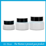 15g,30g,50g Opal White Sloping Shoulder Glass Cosmetic Jars With Black Lids