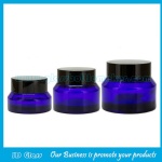 15g,30g,50g Blue Sloping Shoulder Glass Cosmetic Jars With Black Lids