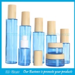 Blue Color Cylinder Glass Lotion Bottles With Wood Cap & Glass Cosmetic Jars With Wood Caps