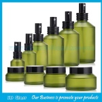 15ml-200ml Olive Green Painting Oblique Shoulder Glass Lotion Bottles and 15g-100g Glass Cream Jars