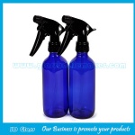 16oz Blue Boston Round Glass Bottle With Black Trigger Sprayer