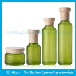 新款120ml,100ml,40ml,50g绿色蒙砂玻璃乳液瓶和膏霜瓶以及配套木纹盖